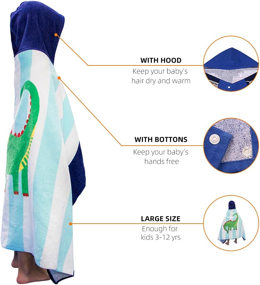 BANGSAUR Kids Hooded Beach Bath Towels, 100% Cotton 50"x30" Wrap Blanket, Toddlers Boys 3-12 Years Coverup Towel Striped Dinosaur