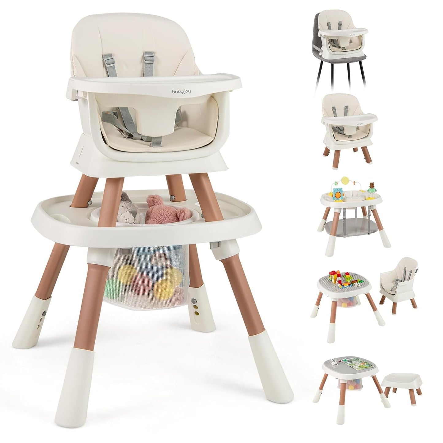 BABY JOY 16 in 1 High Chair, Convertible Baby Highchair for Babies and Toddlers with Activity Center, Booster Seat, Building Block Table, Toddler Chair with Safety Harness, Removable Tray (White)