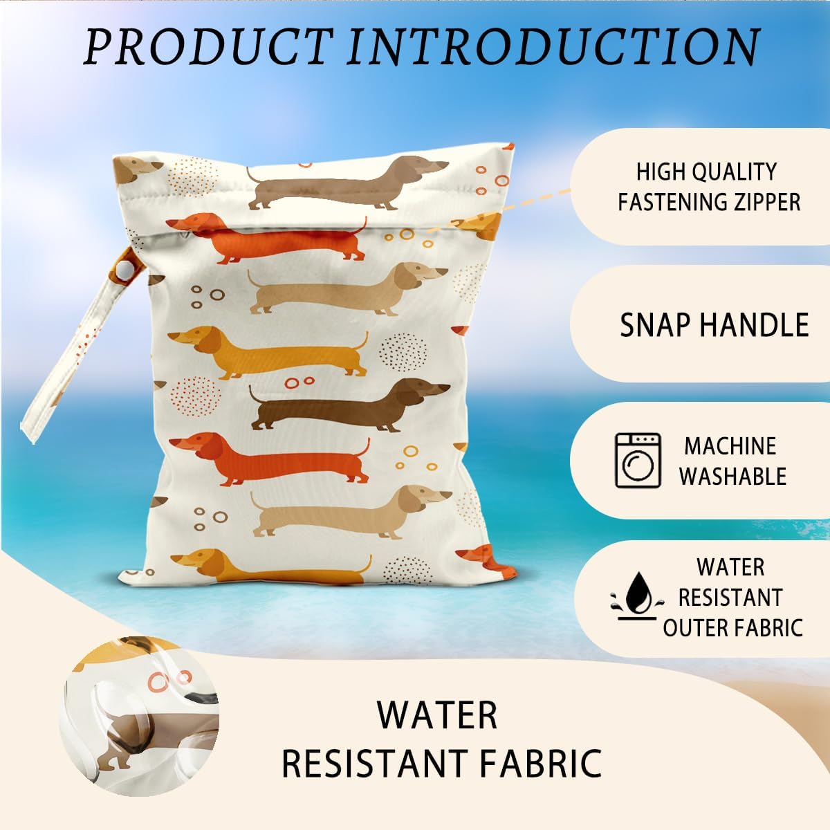 Dog Wet Bags 12x10 Inch, Cute Dachshund Waterproof Travel Laundry Bags, Washable Reusable Wet Dry Bag for Swimsuit Pool Beach Diapers Dirty Yoga Gym Clothes, Dog Gifts for Women Friend Travelers