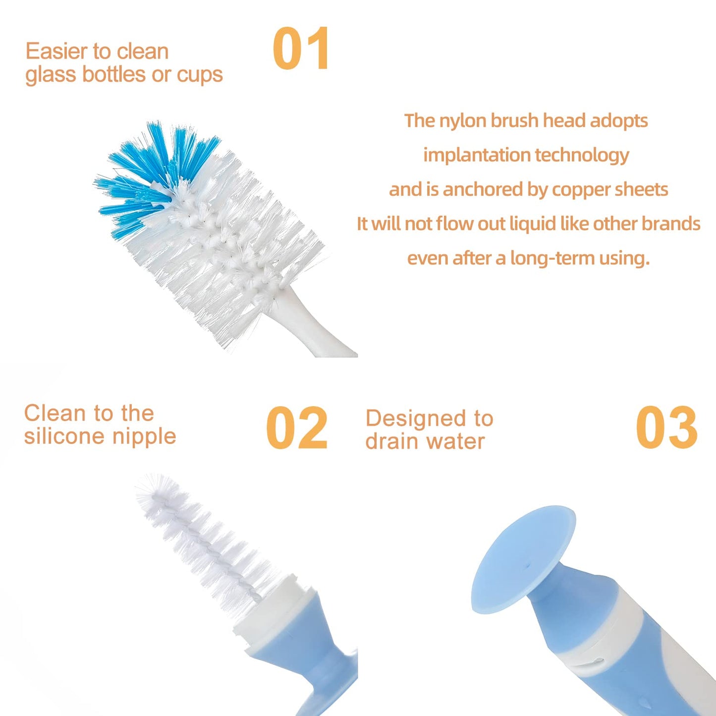 Chemimoso Multifunctional Cleaning Brush, Baby Bottle Brush, Water Bottle Brush Cleaner, Cup Brush, Rotate The Suction Cup to Obtain The Small Bristle Brushes Hidden in Handles, Set B, Grey