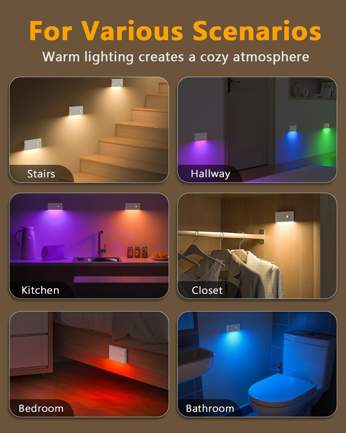 WILLED Stair Lights Indoor RGB & Warm White,Rechargeable Motion Sensor Night Light,Wireless Motion Sensor Lights Indoor for Stair,Bathroom,Hallway,Kitchen,Closet,Cabinet,Bedroom,Kids' Room