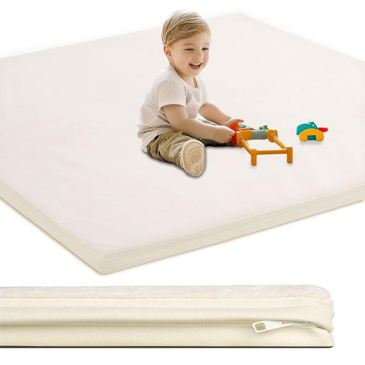 Baby Play Mat for Floor,1.2"Thick Padded Foam 50x50 playpen mat, Soft Velvet&Non-Slip Leather,Removable&Washable Cover,Nursery Rug for Baby Crawling,Toddlers,Infants,kids,Yoga,Tatami,Beige