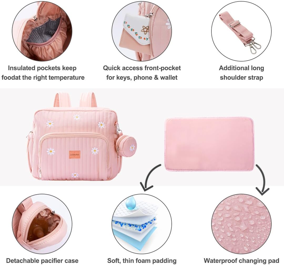 Diaper Bag Backpack, Medium Maternity baby bag & Changing Pad, Diaper Bag Tote, Insulated Pockets, Hospital Bag (Medium - Pink Flowers)