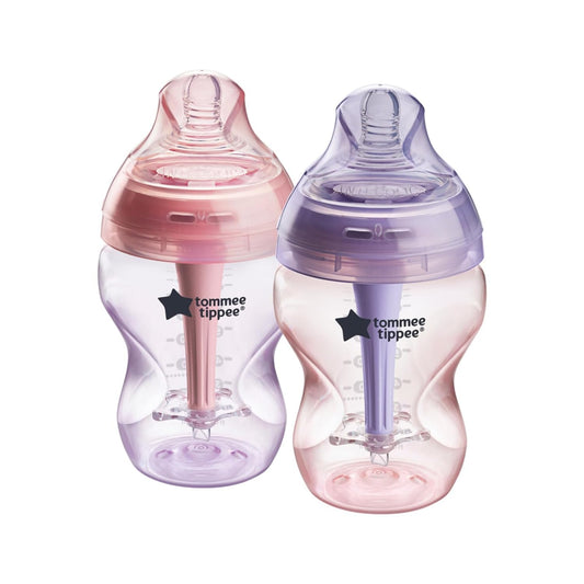 Tommee Tippee Advanced Anti-Colic 9 oz BPA Free Baby Bottles, Newborn 0+ Months, Slow Flow Breast-Like Nipple, Unique Design Keeps Air Away from Milk and Baby, Pink and Purple, Pack of 2