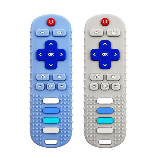 Baby Teething Toys, Food Grade Silicone Teether for Babies 3 6 12 18 Months, TV Remote Shape Toddlers Chew Toys, Freezer BPA Free (Blue+Beige)