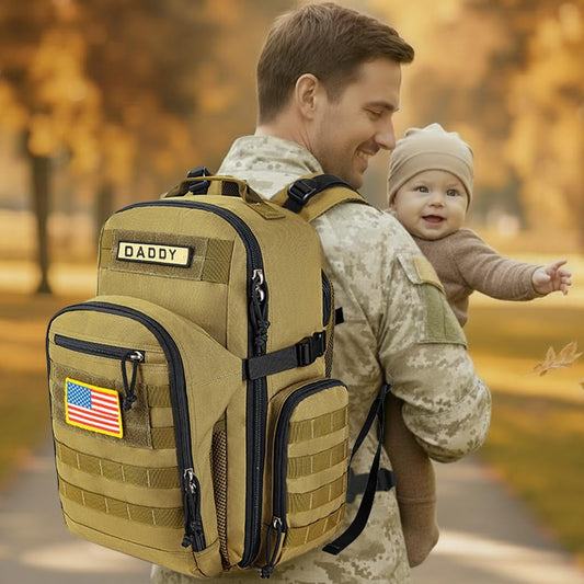 SHARKMOUTH Dad Diaper Bag Backpack - Military Baby Gear Backpacks with Daddy Patches Tan