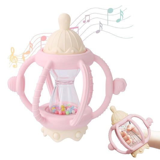 Socub Baby Rattle Teether Toys for 0-12 Months, 2-in-1 Sensory Hand Grasp Shaker with Soft Silicone Teething Ball & Pacifier, BPA Free Chew Toy for 6-12 Months, Newborn Gift for Boys and Girls (Pink)