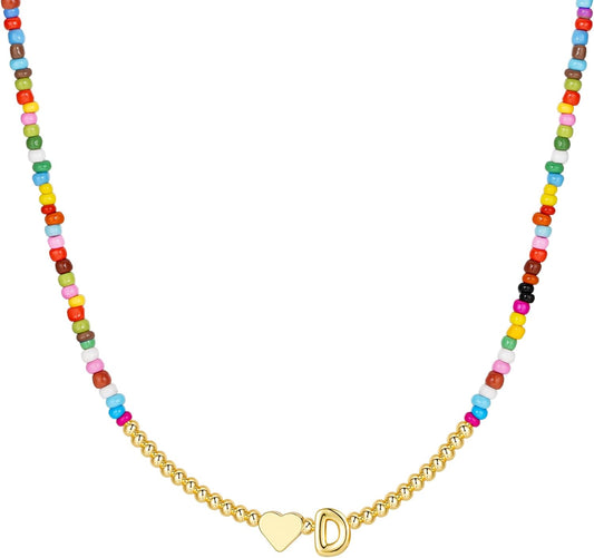 M MOOHAM Stocking Stuffers for Teen Girls Christmas Gifts - Heart Initial Necklaces for Women Kids Colorful Beaded Tiny Heart Initial Choker Necklace Jewelry for Teen Girls Trendy Birthday Gifts