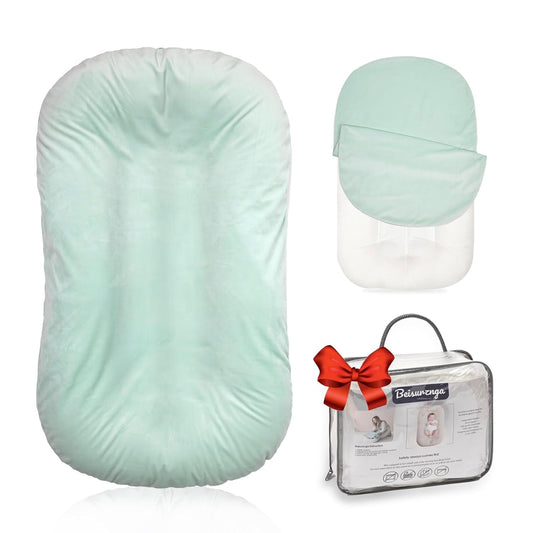 Baby Lounger - Snuggle Cozy Me Infant Lounger for Newborns | Flannel Cover, Breathable Soft, Portable Awake-Time Pad, Essential Baby Gift -Lake Green