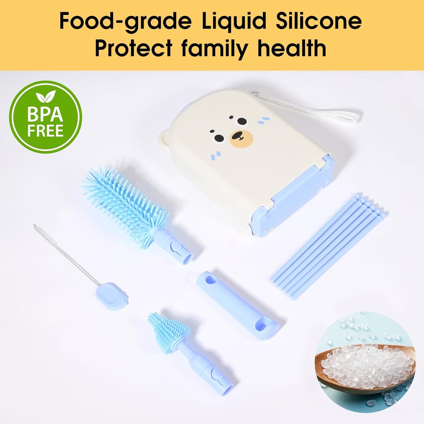 Portable Baby Bottle Brush Set, 7-in-1 Travel Baby Bottle Cleaning Kit, Portable Bottle Washing Kit with Silicone Bottle Brush, Nipple Brush, Straw Brush, Drying Rack for Home and Travel (Blue)