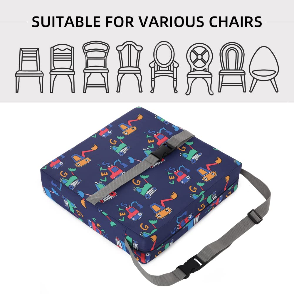 Zicac Portable Toddler Booster Seat for Dining Table, Safer Non-Slip Kids Booster Seat with Double Adjustable Straps, Washable Detachable Strong Support Increasing Cushion for Child (Blue Excavator)