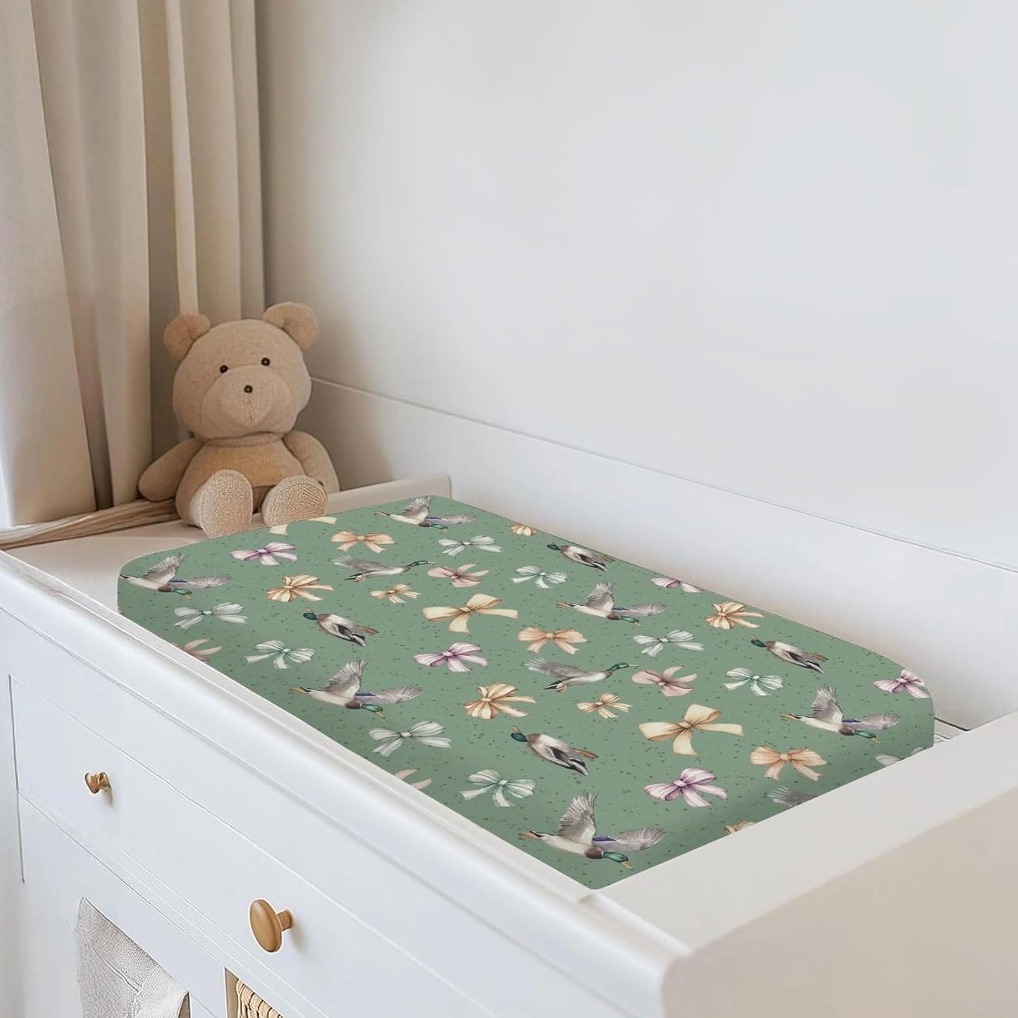 Vintage Mallard Ducks Bows Changing Pad Covers for Baby Girl Boy Duck Hunting Fitted Change Table Cover Mats Wild Ducks Birds Soft Diaper Changing Table Sheets 32''×16''