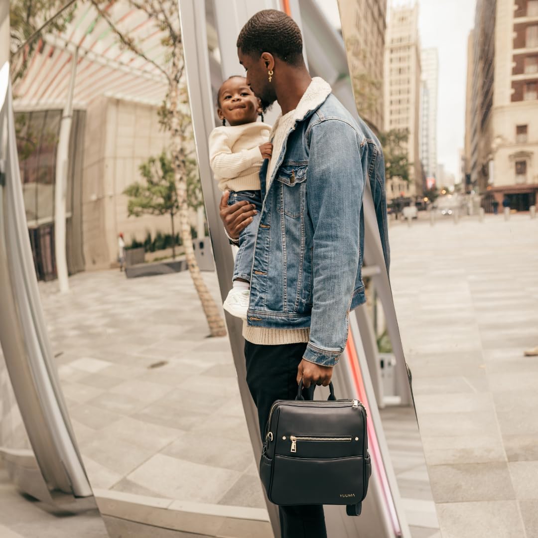 YUUMA Mini Diaper Bag Backpack-Minimalist bag With Premium Vegan Leather Material With 7 Interior and 5 External Pockets (Onyx)