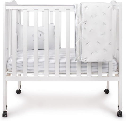 Ely's & Co. Mini Crib Bedding Set for Boys, 4 Piece Set - 1 Fitted Mini Crib Sheet, Quilted Comforter and Decorative Pillow, Blue Dragonfly + Stripe Collection