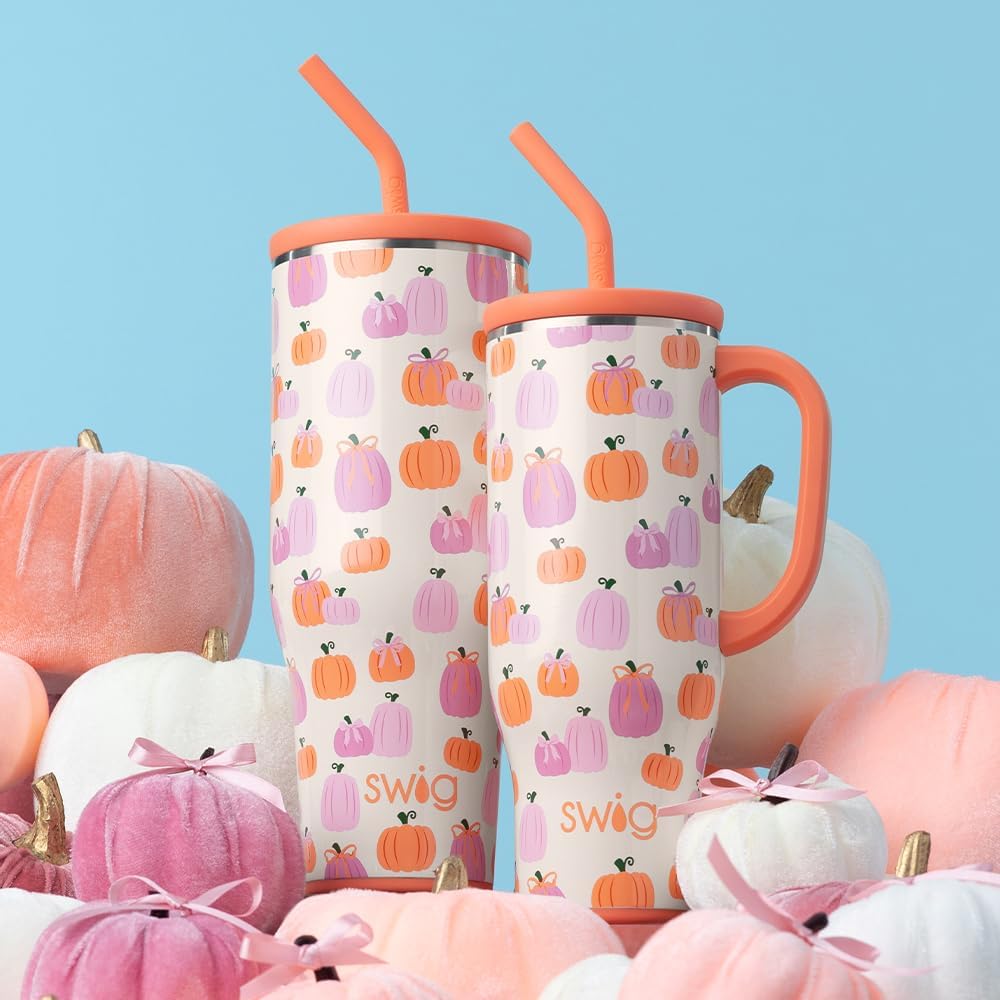 Swig Life 40oz Mega Mug, 40oz Tumbler with Handle and Straw, Extra Large Insulated Tumblers, Cup Holder Friendly Travel Mug (Pumpkins and Bows)
