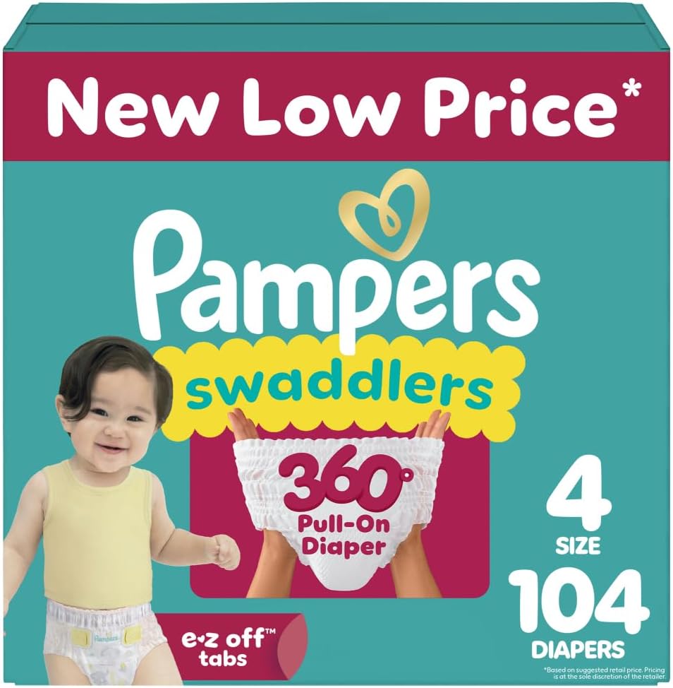 Pampers Diapers - Swaddlers 360° - Size 4, 104 Count, up to 100% Leakproof Comfy Dry Fit, Designed for Easy Changes, Pull On Baby Diaper (Packaging May Vary)