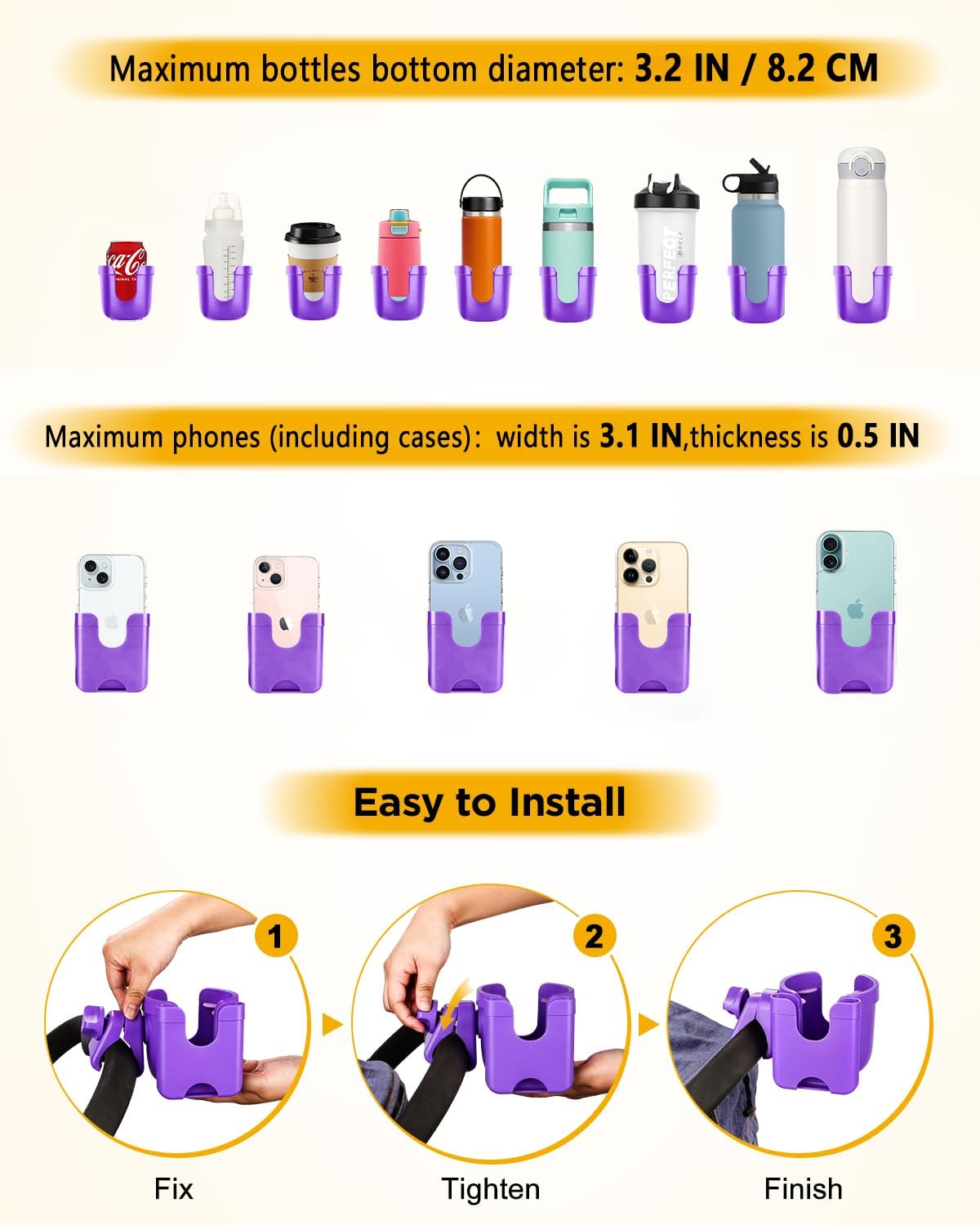 Universal Stroller Cup Holder with Mobile Phone Case, 2-in-1 Strollers Storage Rack, 360 Degrees Rotation Drink Holder for Bike, Pushchair, Wheelchair, Walker,Bicycle, Fits Most Cups (Purple)