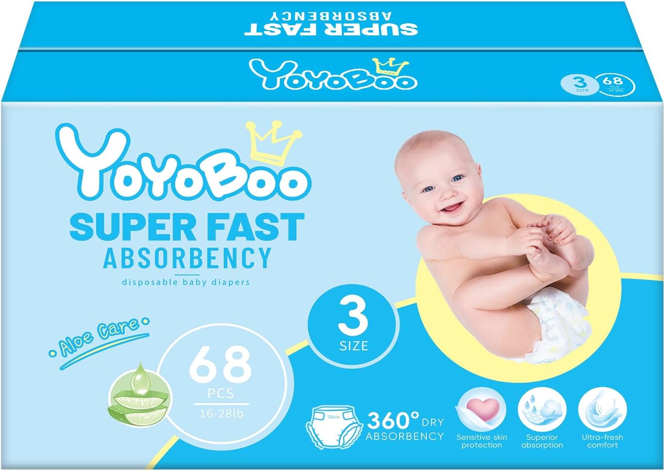 Disposable Baby Diapers, Hypoallergenic, Superior Absorbency & Lightweight Design, Enhanced Leakage Protection, Size 3, 68 Count