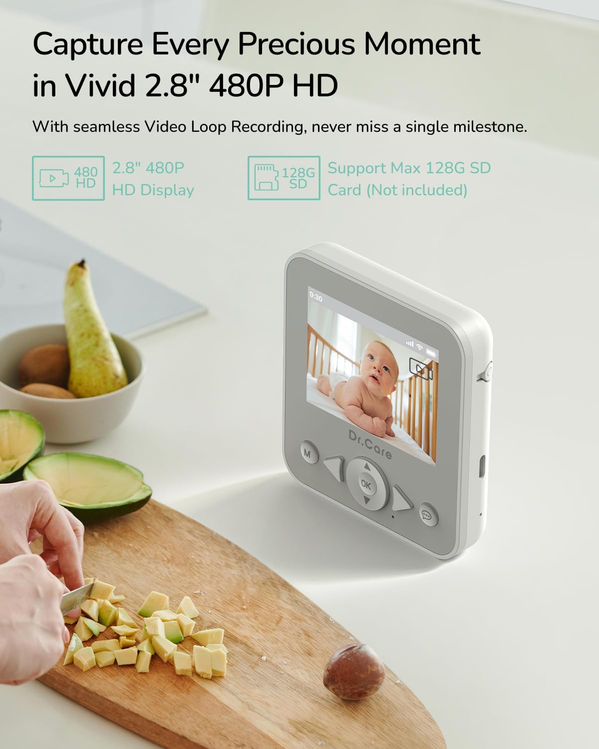 Dr.Care NeoView Baby Monitor No WiFi with Belt Clip Design - 2.8” Screen, 2-Way Audio, Video Loop Recording, Night Vision, Real-Time/VOX Monitoring, Temperature Sensor, Lullabies