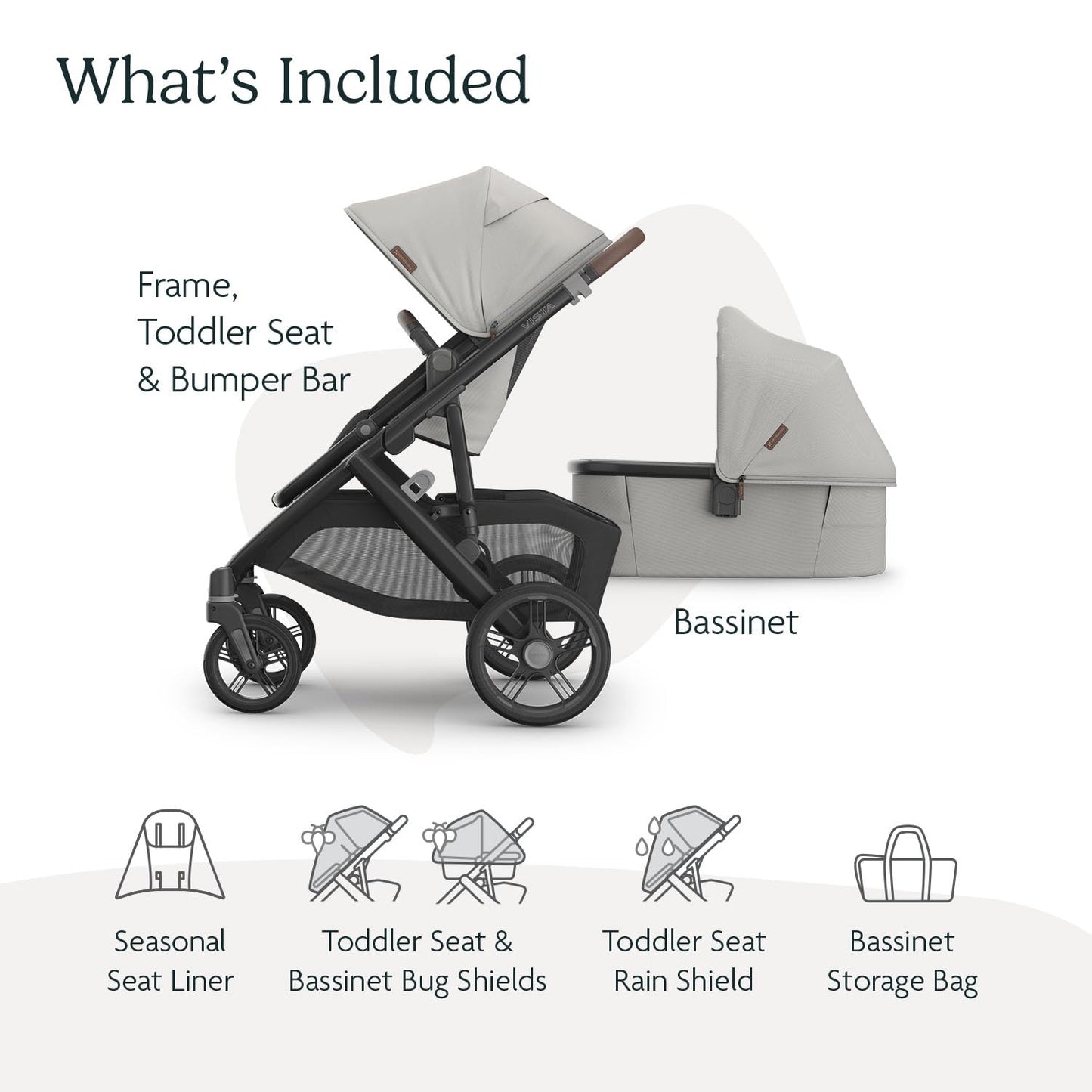 UPPAbaby Vista V3 Stroller + Bassinet V3 - Convertible Single-to-Double Stroller System- Bassinet, Toddler Seat, Bug Shield, Rain Shield Included - Savannah (Pearl Gray/Carbon Frame/Chestnut Leather)