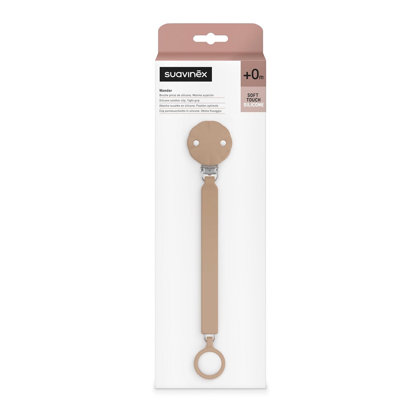 Suavinex Wonder Silicone Baby Pacifier Clip, Spain's #1 Baby Bottle and Pacifier Brand, Paci Clips for Babies, Essentials, Cork