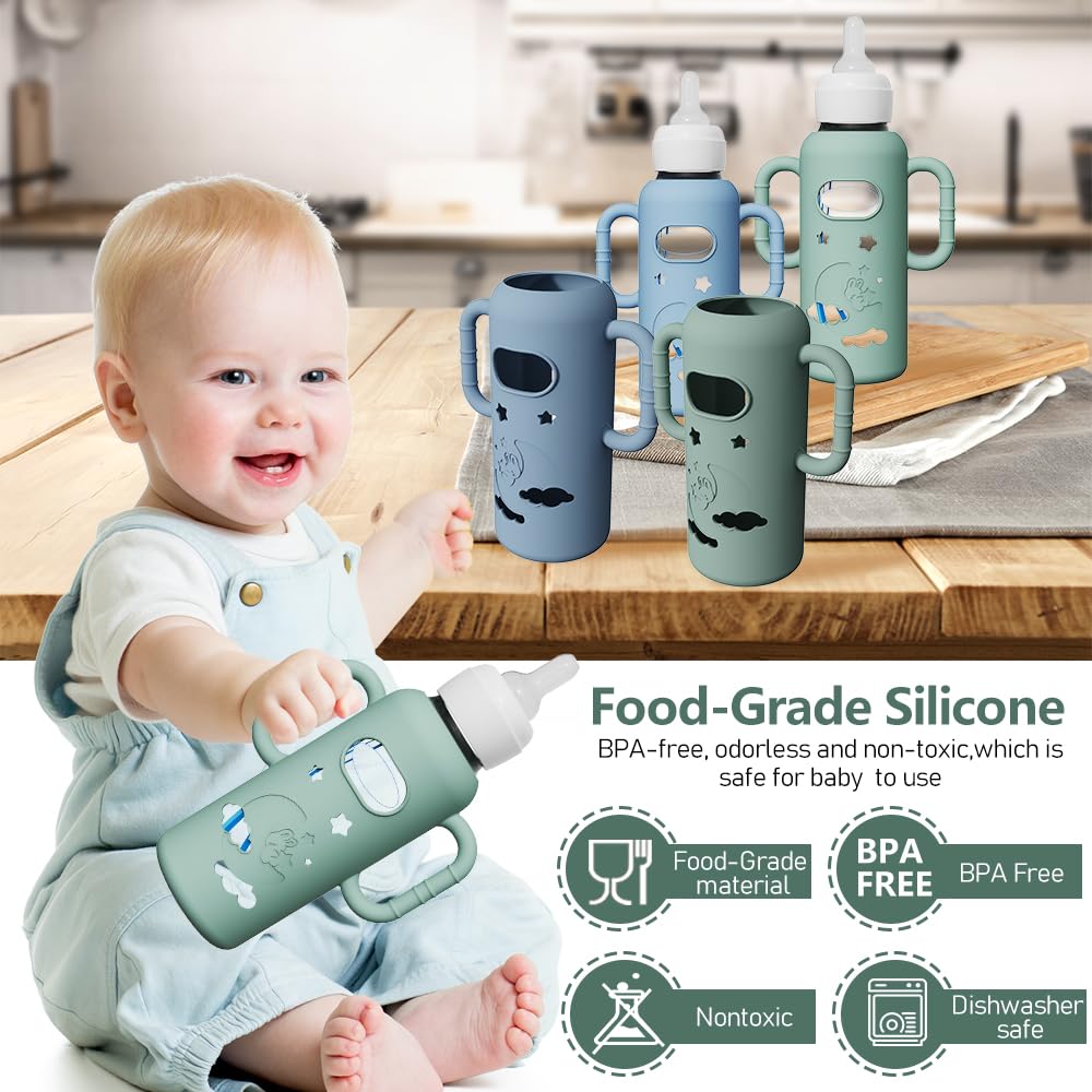 2 Pack Silicone Sleeves for Dr Brown's Glass Bottles, Drop Protection Bottle Sleeves with Handles, Anti Breakage Baby Bottle Holder Compatible with Dr. Brown's Newborn Glass Bottles,8 oz