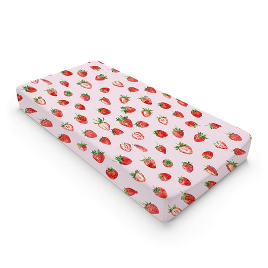 Watercolor Strawberries Changing Pad Covers Cute Strawberry Pink Unisex Diaper Changing Table Sheets for Boys Girls Boho Summer Fruits Soft Breathable Stretchy Baby Change Table Pad Mats 32''x16''
