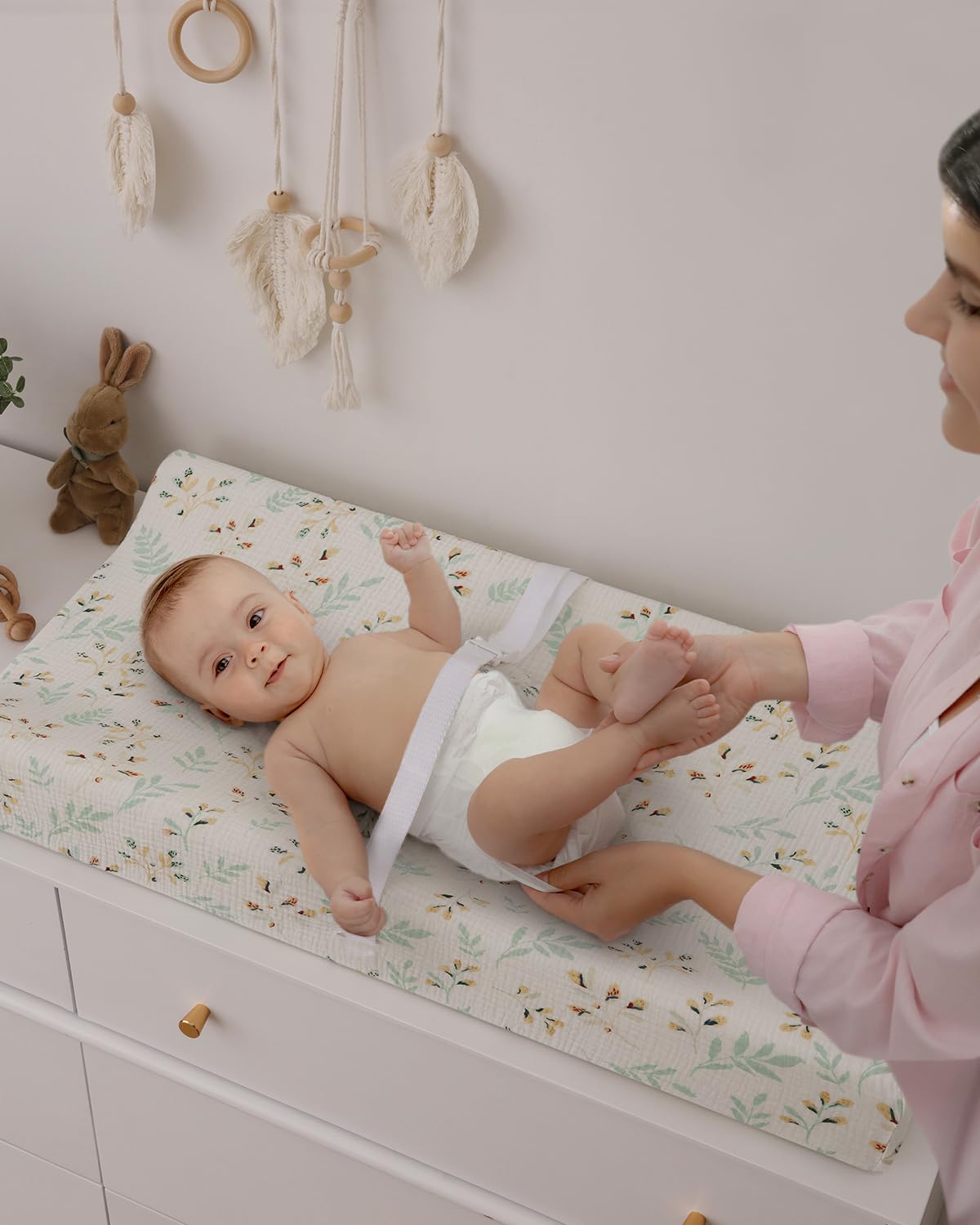 Blissful Diary Muslin Changing Pad Cover for Girls Boys, Ultra Soft Breathable Cotton, Baby Diaper Change Table Pad Covers, 2Pack (Roman Green&Leaf)