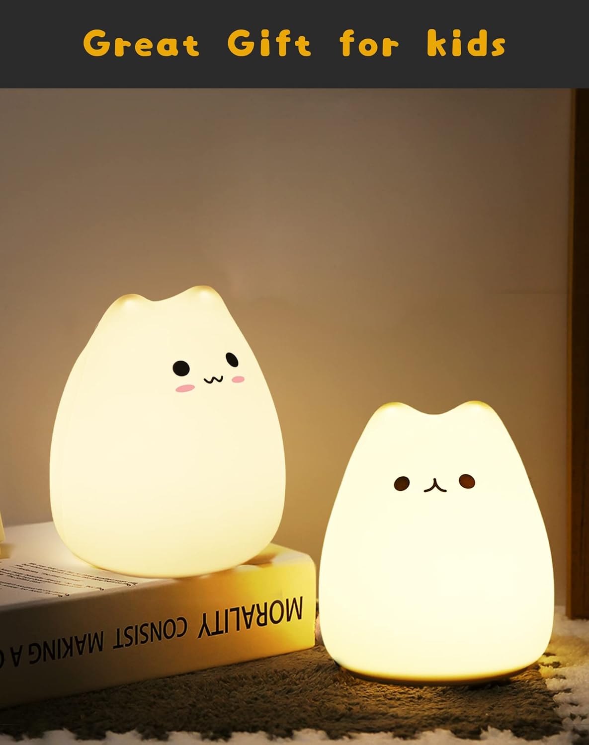 LED Cat Night Light, Battery Powered Night Light for Kids, Silicone Multicolor Cute Lamp with Warm White and 7-Color Breathing Mode, Christmas Gifts for Kids, Baby, Children, Lady (Cute Cat)