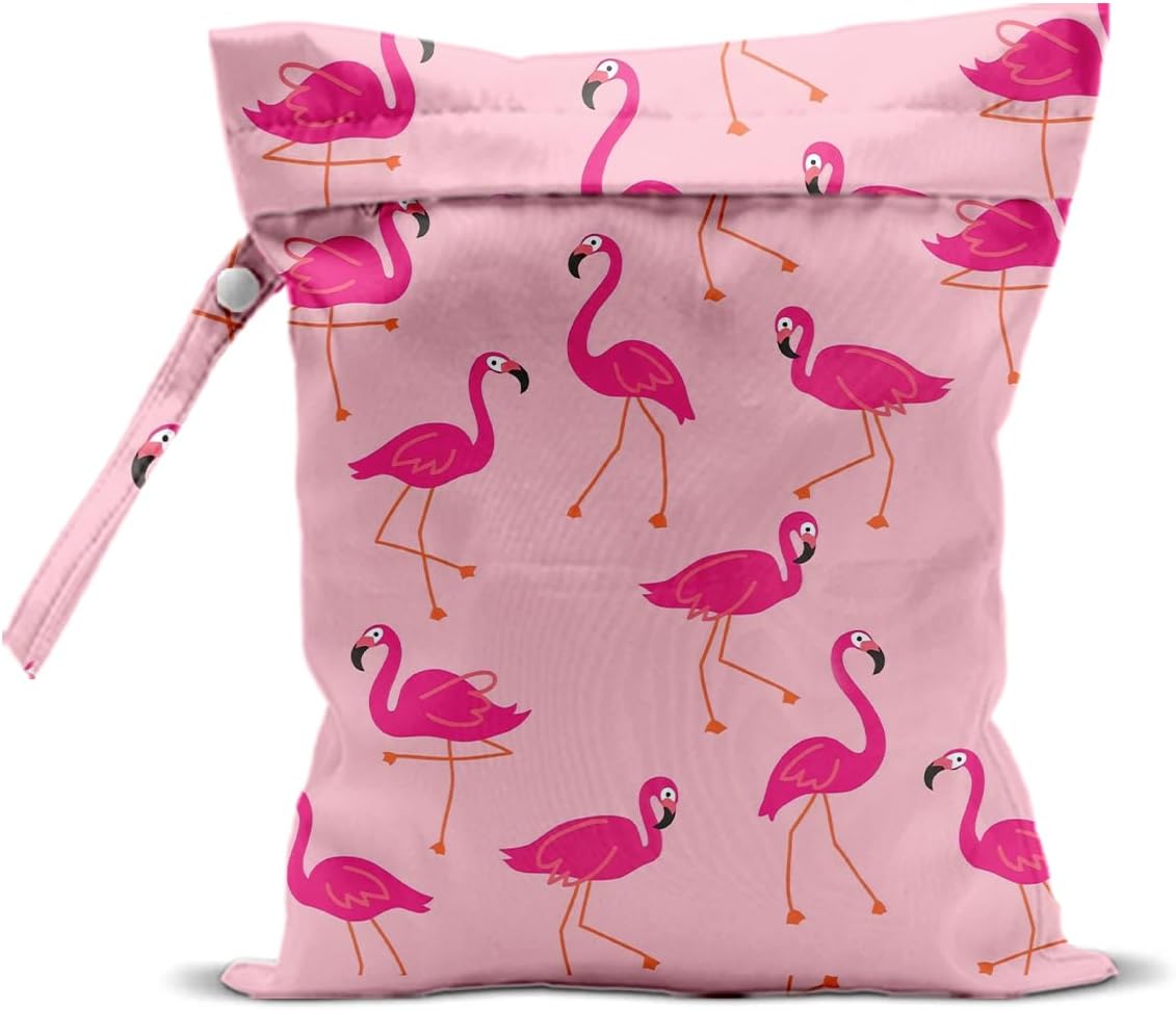 Pink Flamingo Wet Bags 12x10 Inch, Flamingos Seamless Pattern Waterproof Travel Laundry Bags, Reusable Wet Dry Bag for Swimsuit Pool Beach Diapers Dirty Yoga Gym Clothes, Flamingo Gifts for Women