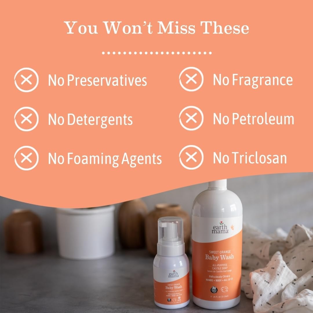 Earth Mama Sweet Orange Baby Wash Liquid Hand Soap Refill, Organic Body Wash for Sensitive Skin, All Purpose Castile Soap Liquid with Coconut Oil, Shea Butter, Calendula & Aloe, 34 fl oz (2-Pack)