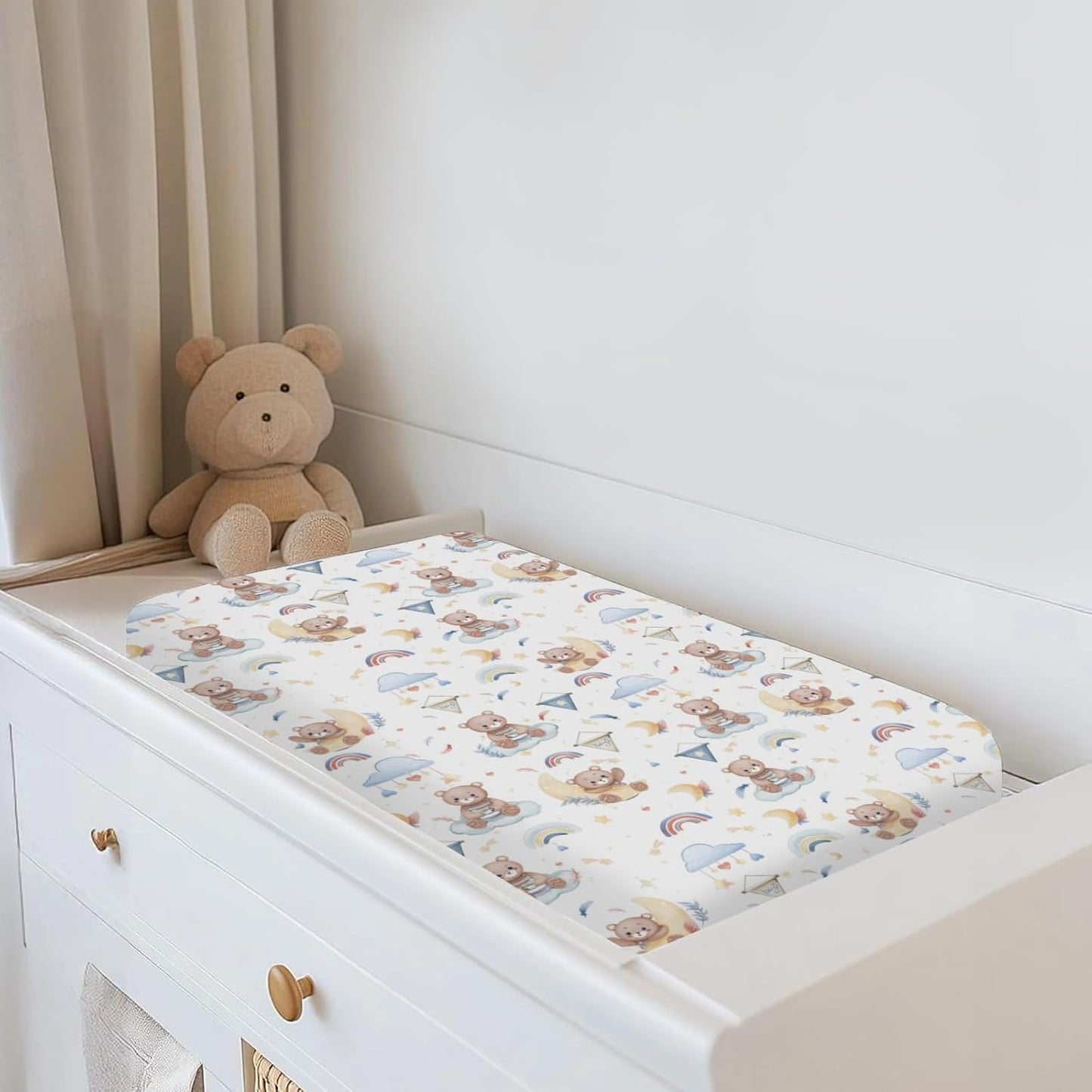 Watercolor Bear Rainbow Blue Changing Pad Covers for Baby Boys Cute Bears Moon Stars Clouds Fitted Change Table Covers Mats Animal Soft Diaper Changing Table Sheets for 32''×16'' Contoured Pad
