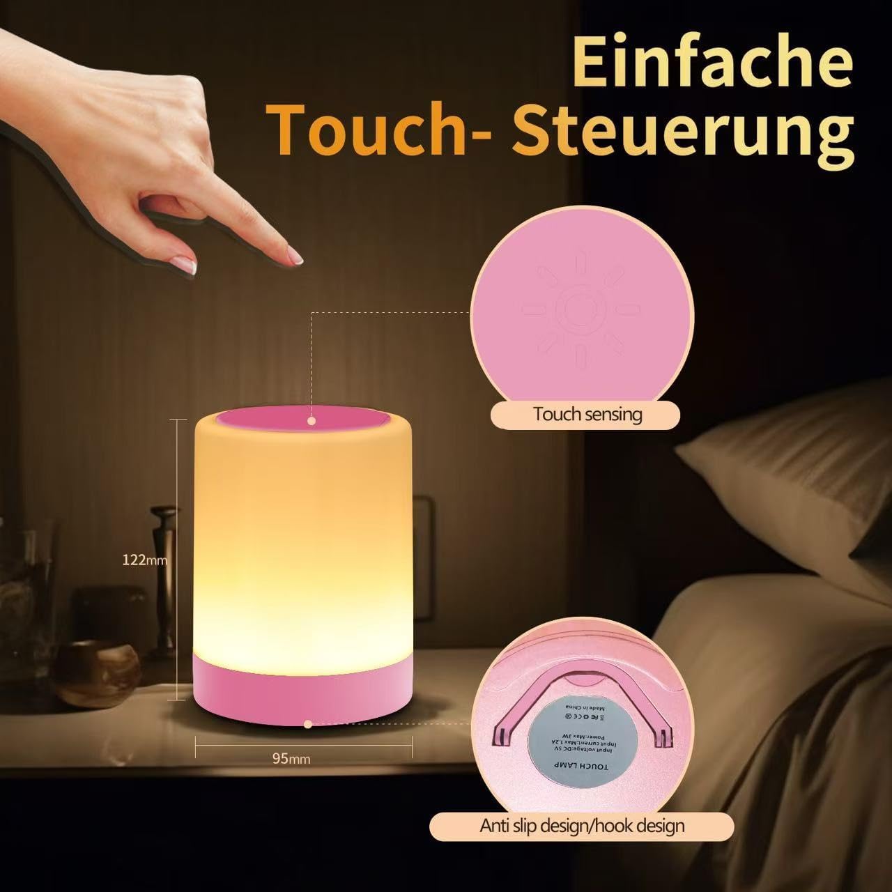OORUN Touch Bedside Table Lamp,13 RGB Colors & 5 Brightness, USB Rechargeable Desk Lamp, Remote Control Dimmable Night Light with RGB Color Changing,Portable Lamp for Baby, Bedroom, Living Room (Pink)