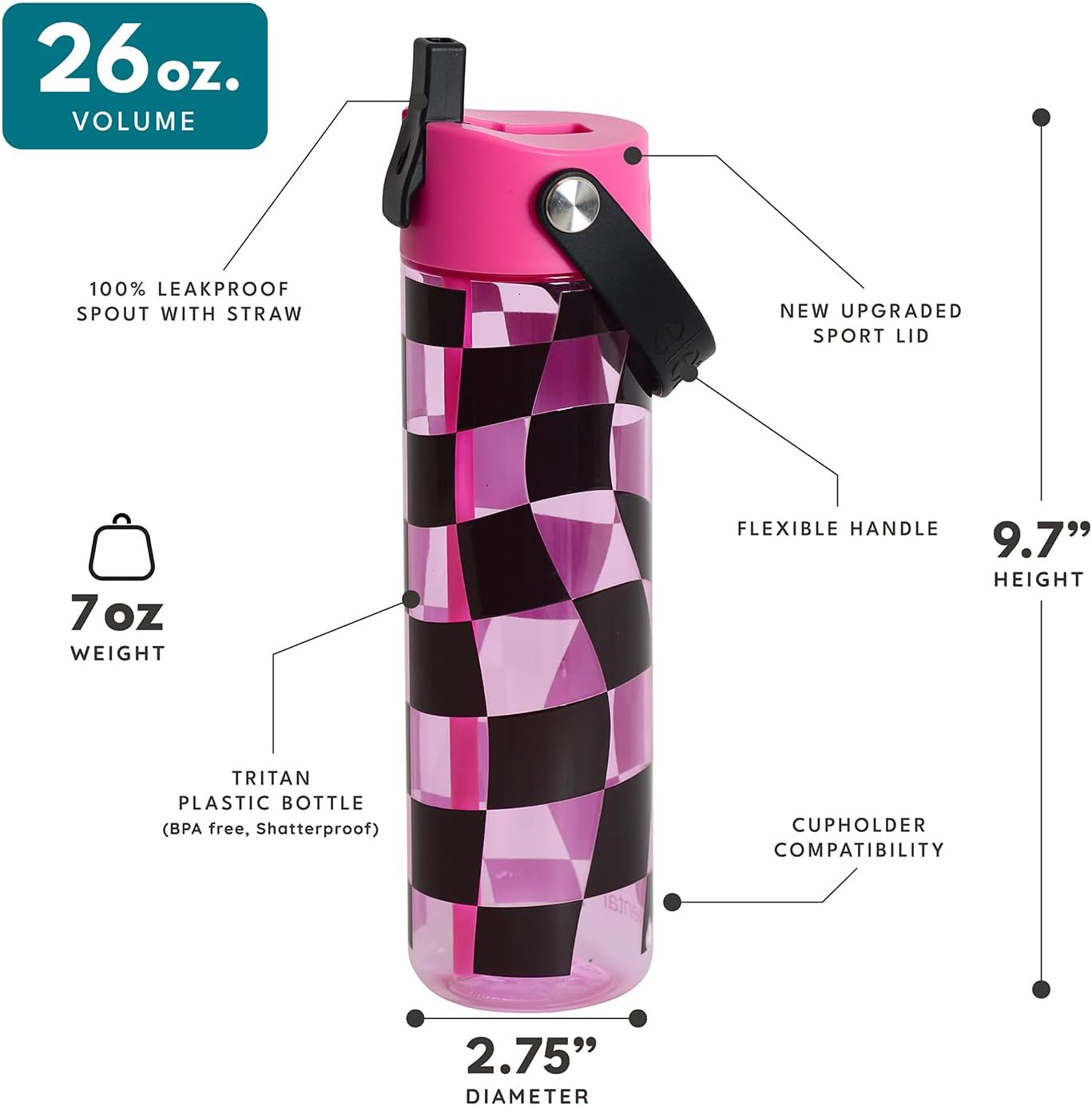Elemental Splash Water Bottle with Straw - BPA-Free Tritan Plastic Reusable Water Bottle with Strap - Ideal for Travel, Gym and Sports - Leak Proof when Spout is Closed - 26oz - Pink Checkers