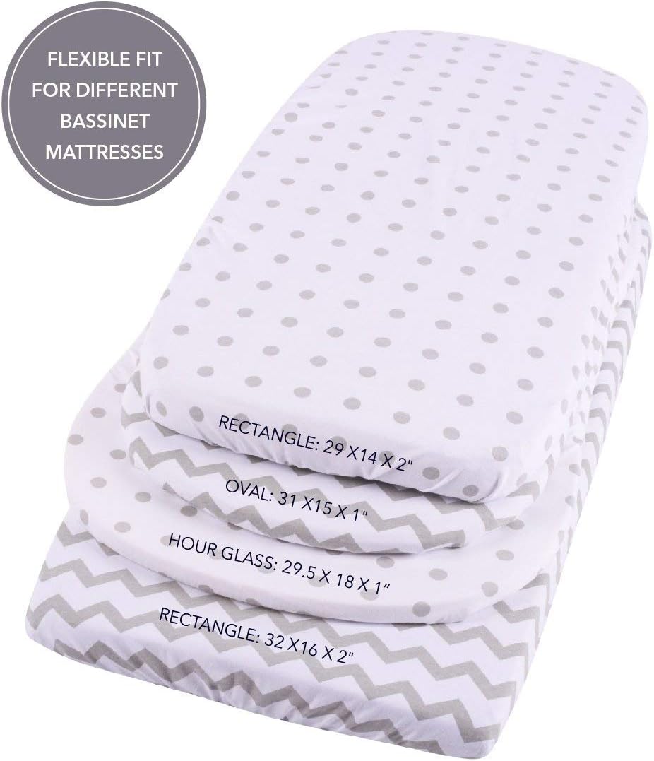 Waterproof Bassinet Sheets 2-Pack for Baby Boy or Baby Girl - (Grey Chevron & Grey Polka Dots)