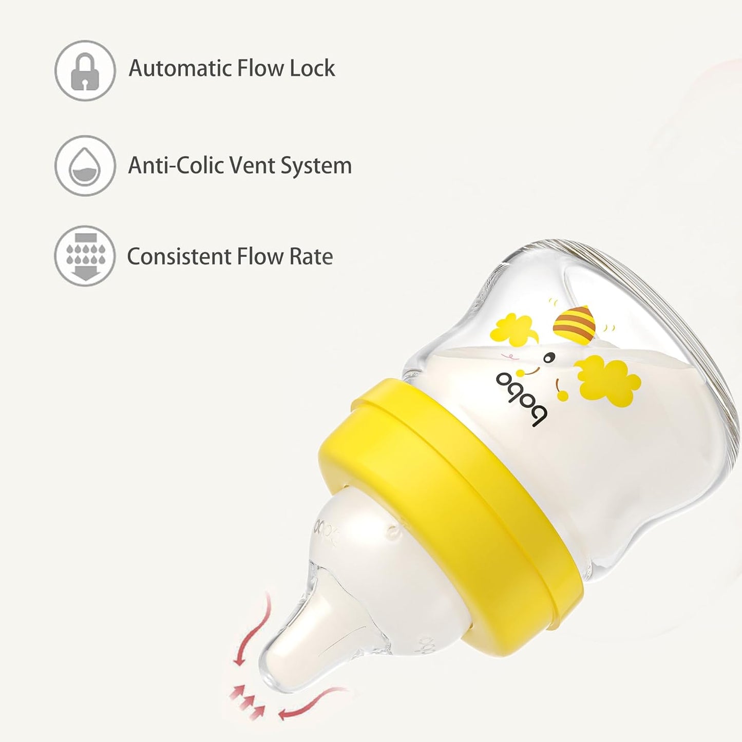 YOHKOH Glass Baby Bottles with Slow Flow Nipple, Newborn Anti-Colic Baby Bottles for 0+ Months, Wide Neck Feeding Bottle, Clear (Yellow, 2.7oz (Pack of 2))