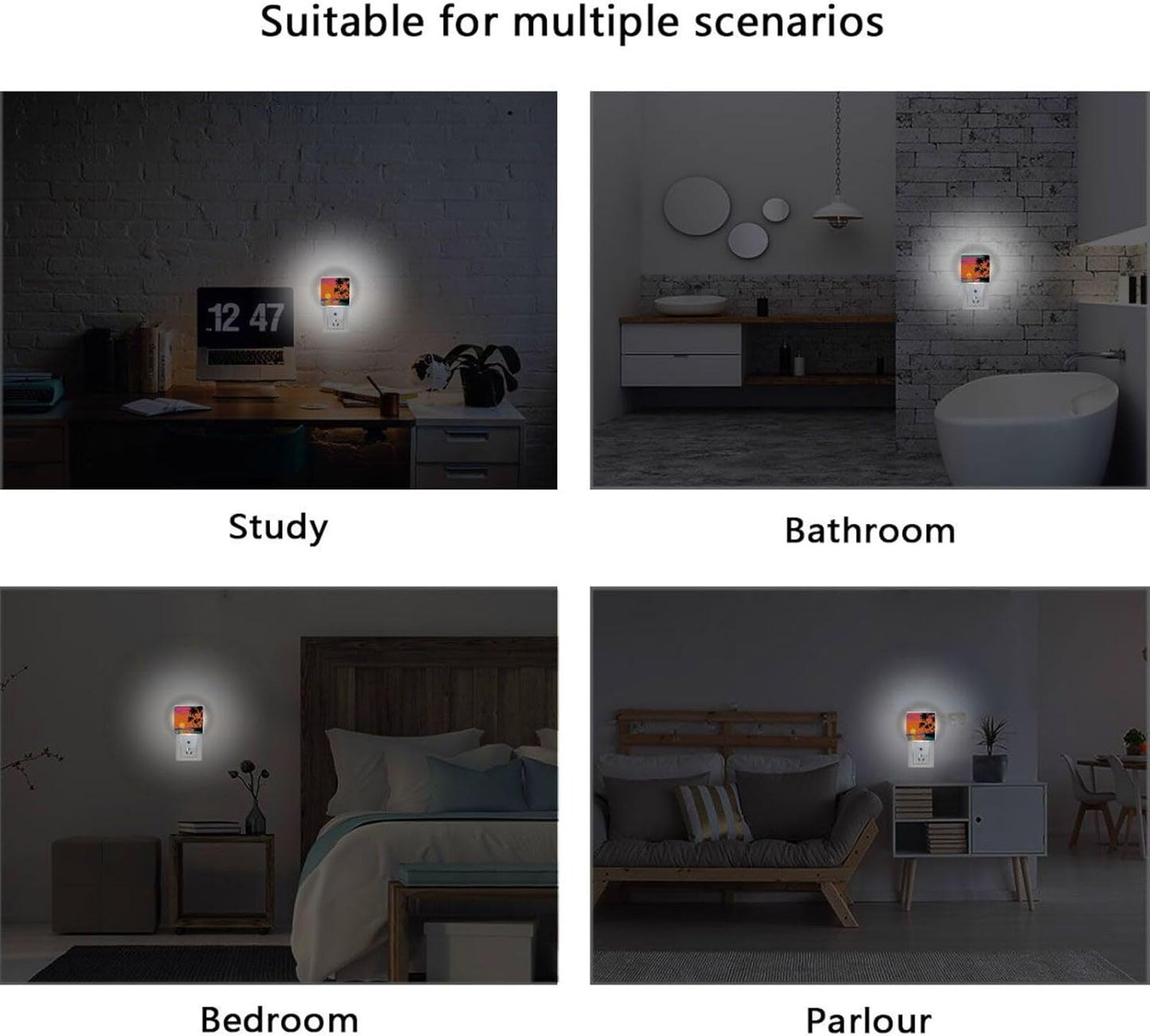 Aslsiy Night Light for Kids Palm Tree Beach Sunset (4) Plug in Wall Lamp LED Dusk to Dawn Sensor Energy Saving Nightlight for Boys Girls Men Women