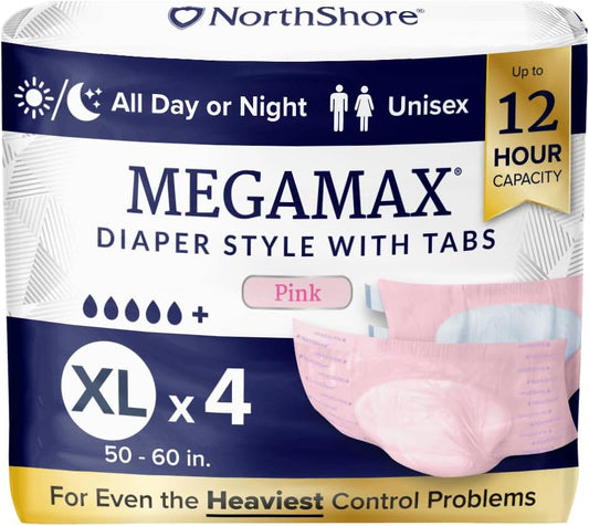 NorthShore MegaMax Adult Overnight Diapers, 12-Hour Tab-Style, X-Large, 4 Count Starter Pack, Pink, 50-60 inches, Unisex Incontinence Underwear