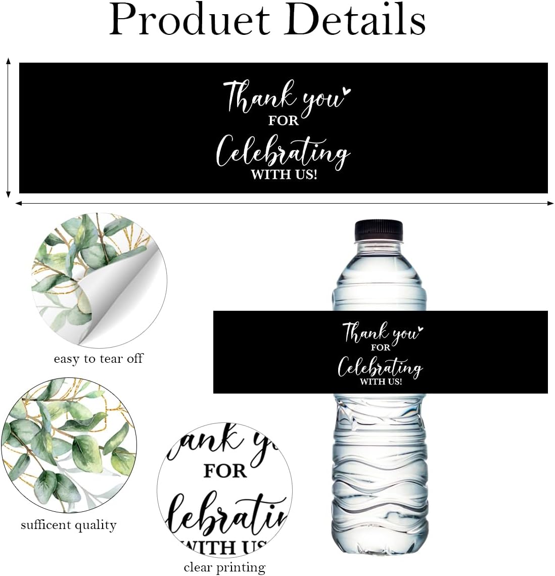 100PCS Wedding Water Bottle Labels Waterproof Greenery Floral Wraps Sticker for Water Bottle Baby Shower Bottle Label for Bridal Shower Party （Black2）