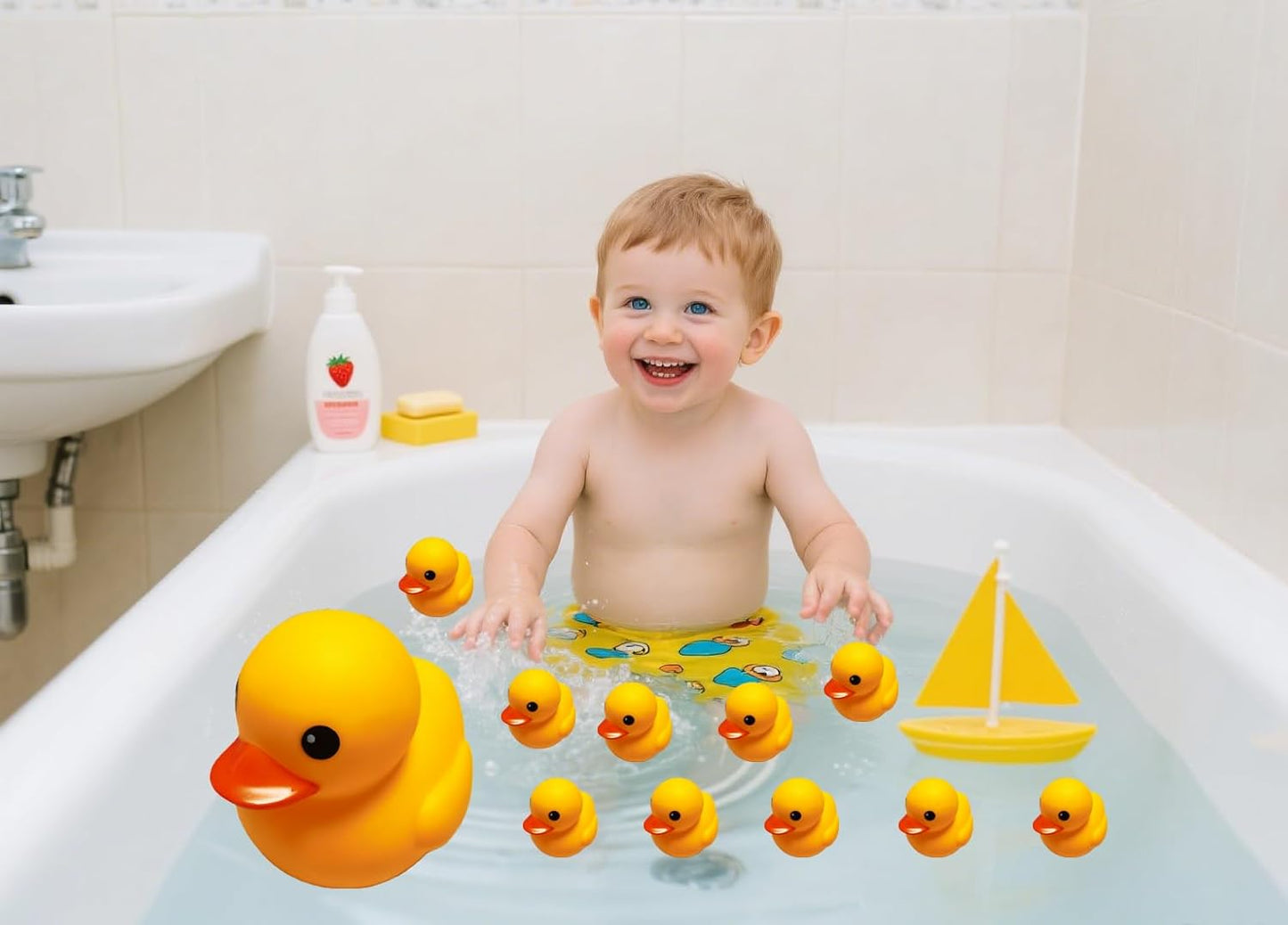 Yellow Rubber Ducks(No Bebe Noise), Without Hole Bath Toys - Floating Waterproof Duckies Gift for Baby Showers, Infants, Kids & Toddlers, Party Decorations, 7 inches (1 pcs)