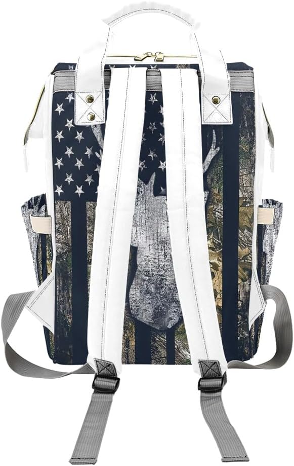 American Flag Camo Deer Diaper Bags with Name Waterproof Mummy Backpack Nappy Nursing Baby Bags Gifts Tote Bag for Women One Size