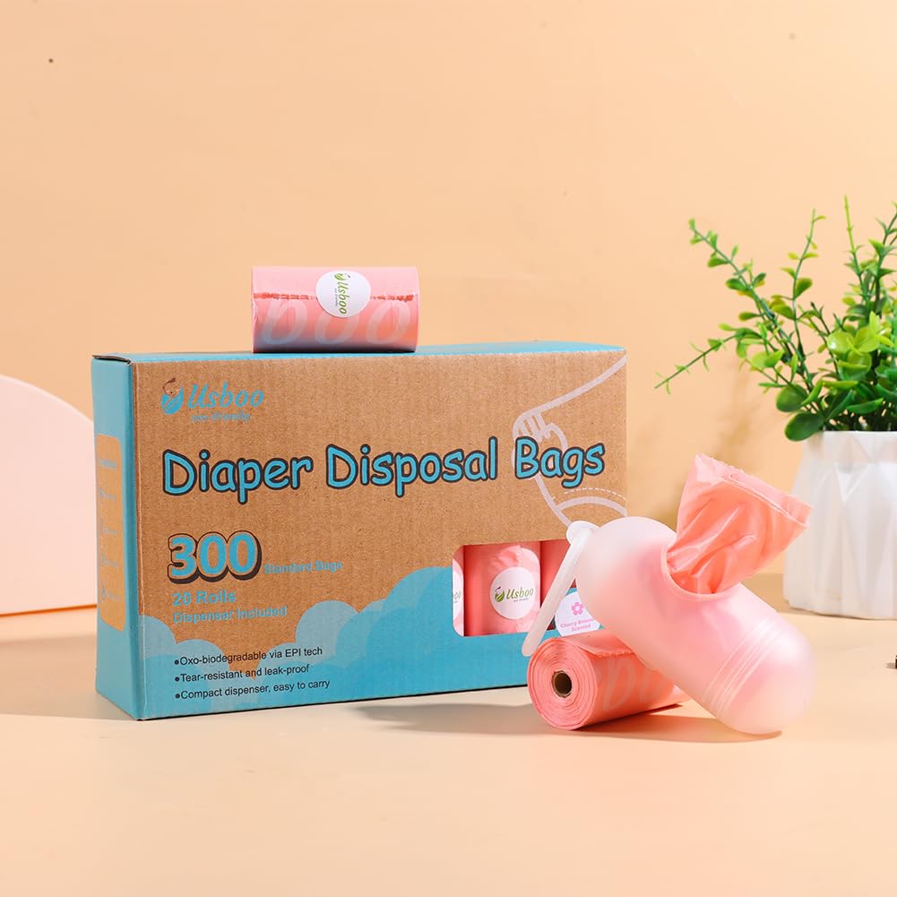 Disposable Diaper Bags for Baby - 20 Refill Rolls (300 Pack), Disposable Trash Bag with Dispenser - Cherry Blossom Scented, Pink, Ideal for Diaper Dispoal