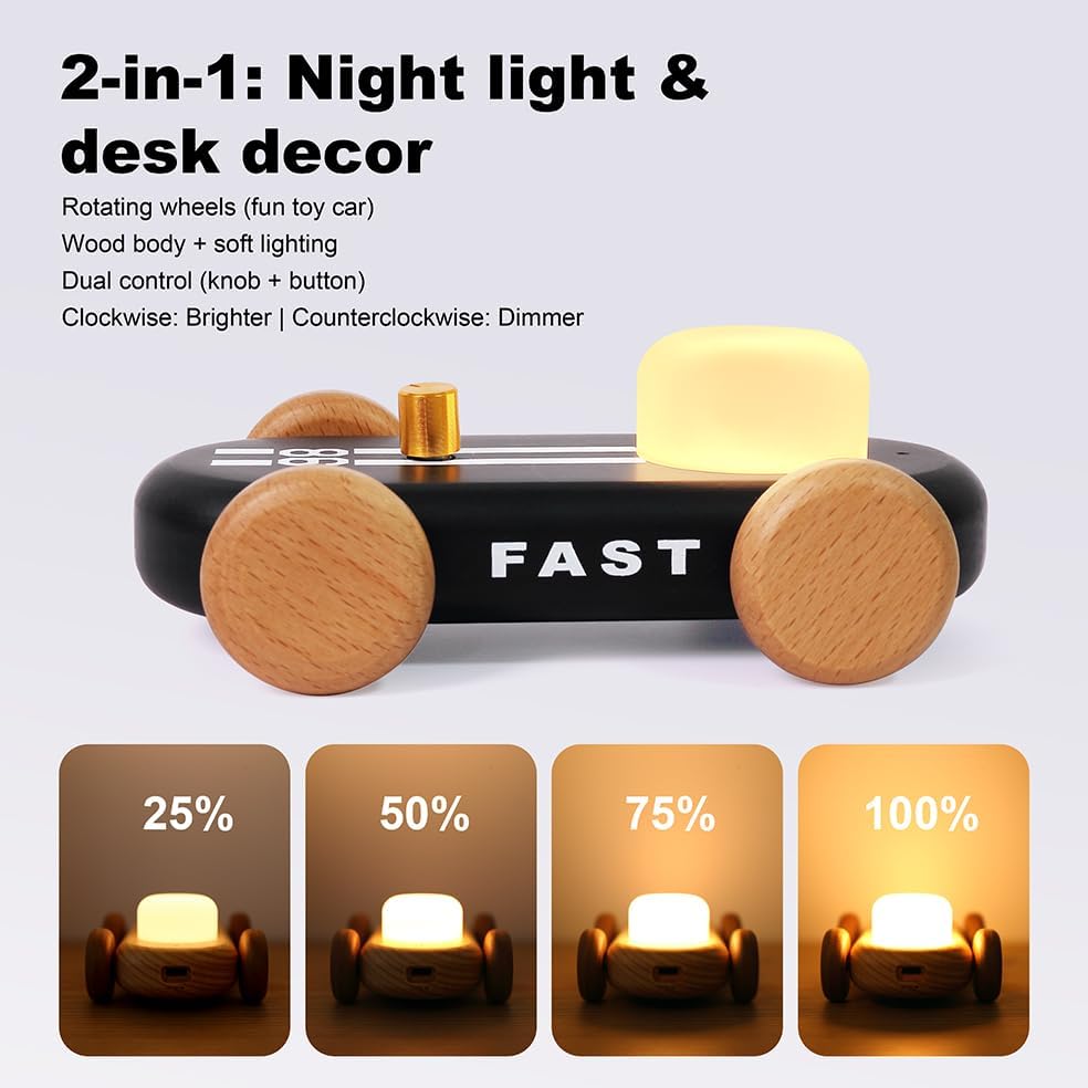 Wooden Go-Kart Night Light for Kids, 7 Color Adjustable, USB Rechargeable (Black)