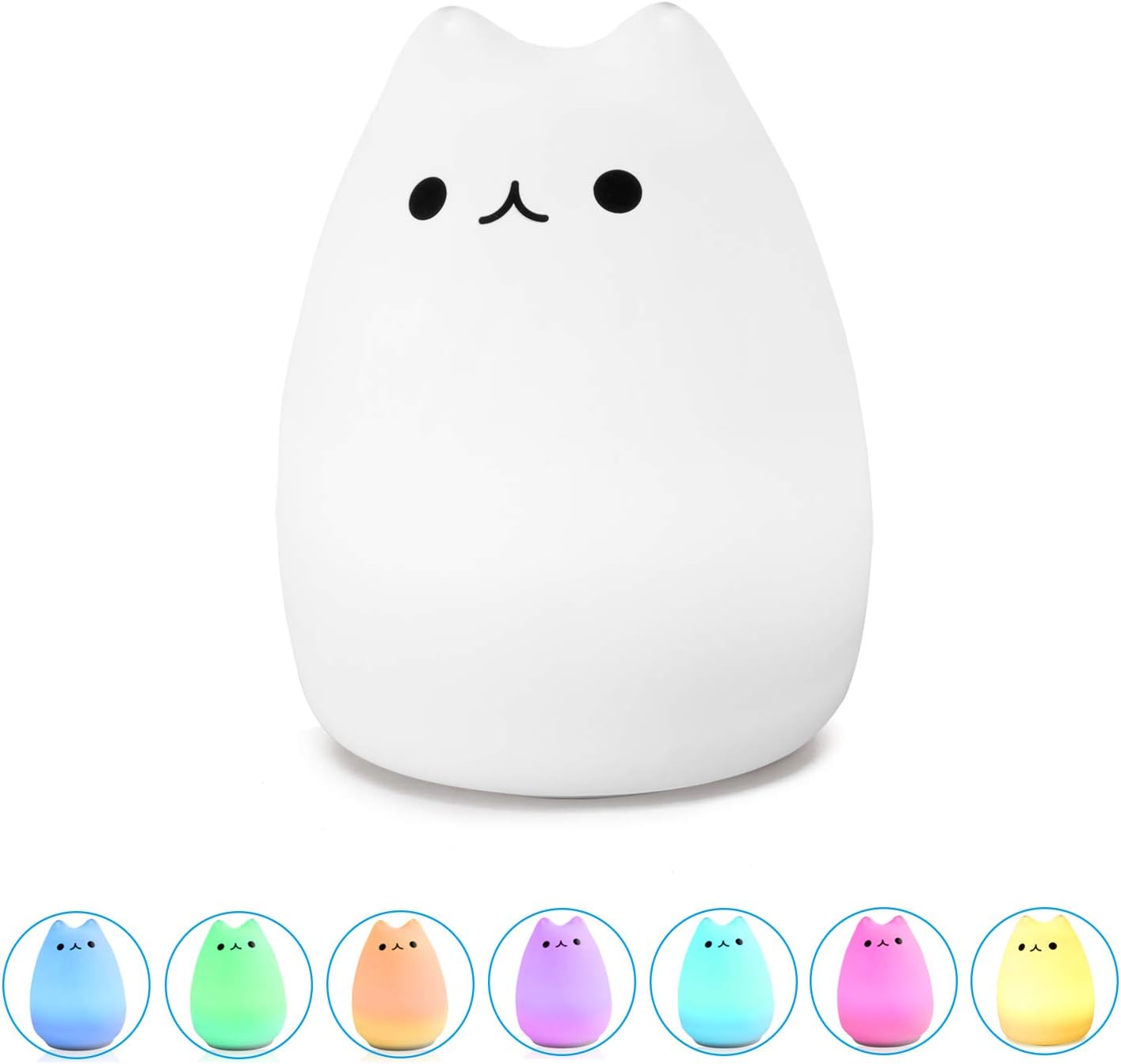 WoneNice Cute Kitty Night Light, Rechargeable Silicone Cute Lamp with Warm White & 7-Color Breathing Modes, Touch Sensor Control, Gift for Women Mom Teen Girls Kids Toddler Baby