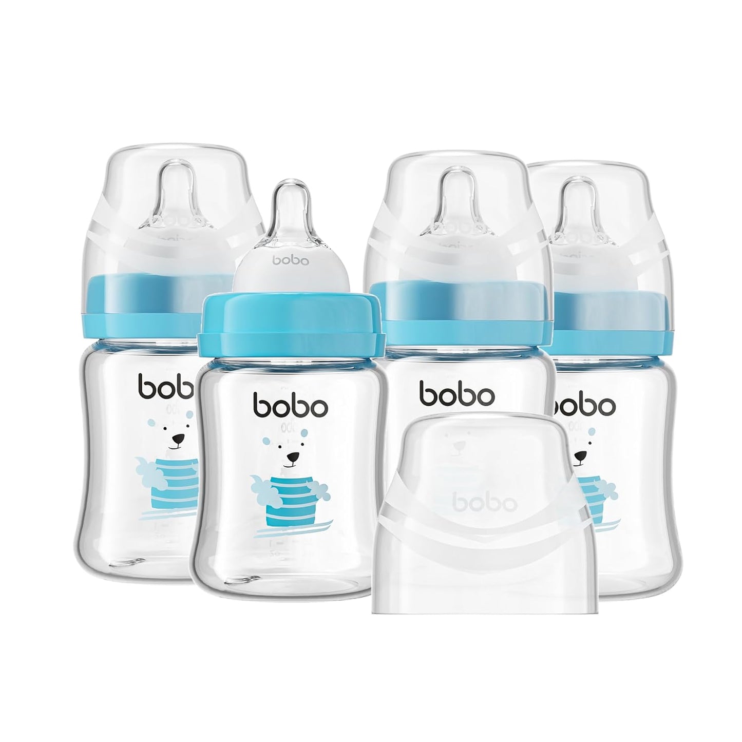 YOHKOH Glass Baby Bottles with Slow Flow Nipple, Newborn Anti-Colic Baby Bottles for 0+ Months, Wide Neck Feeding Bottle, Clear (Blue, 5oz (Pack of 4))