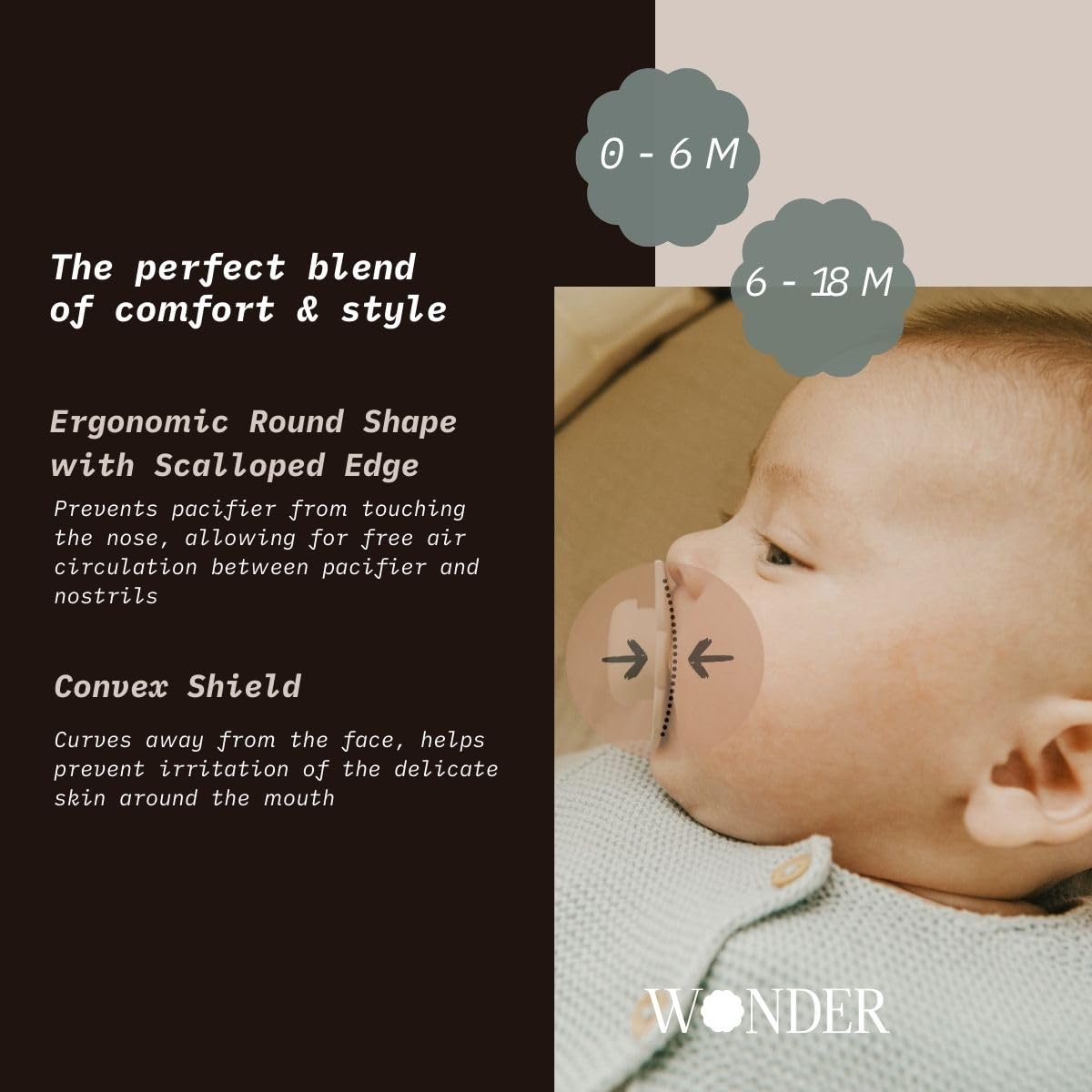 Suavinex Wonder Baby Pacifier, SX Pro Silicone Nipple, Reversible, Non Irritating Shield Design, Pacifiers 6-18 Months, Made in Europe, Gray Clouds