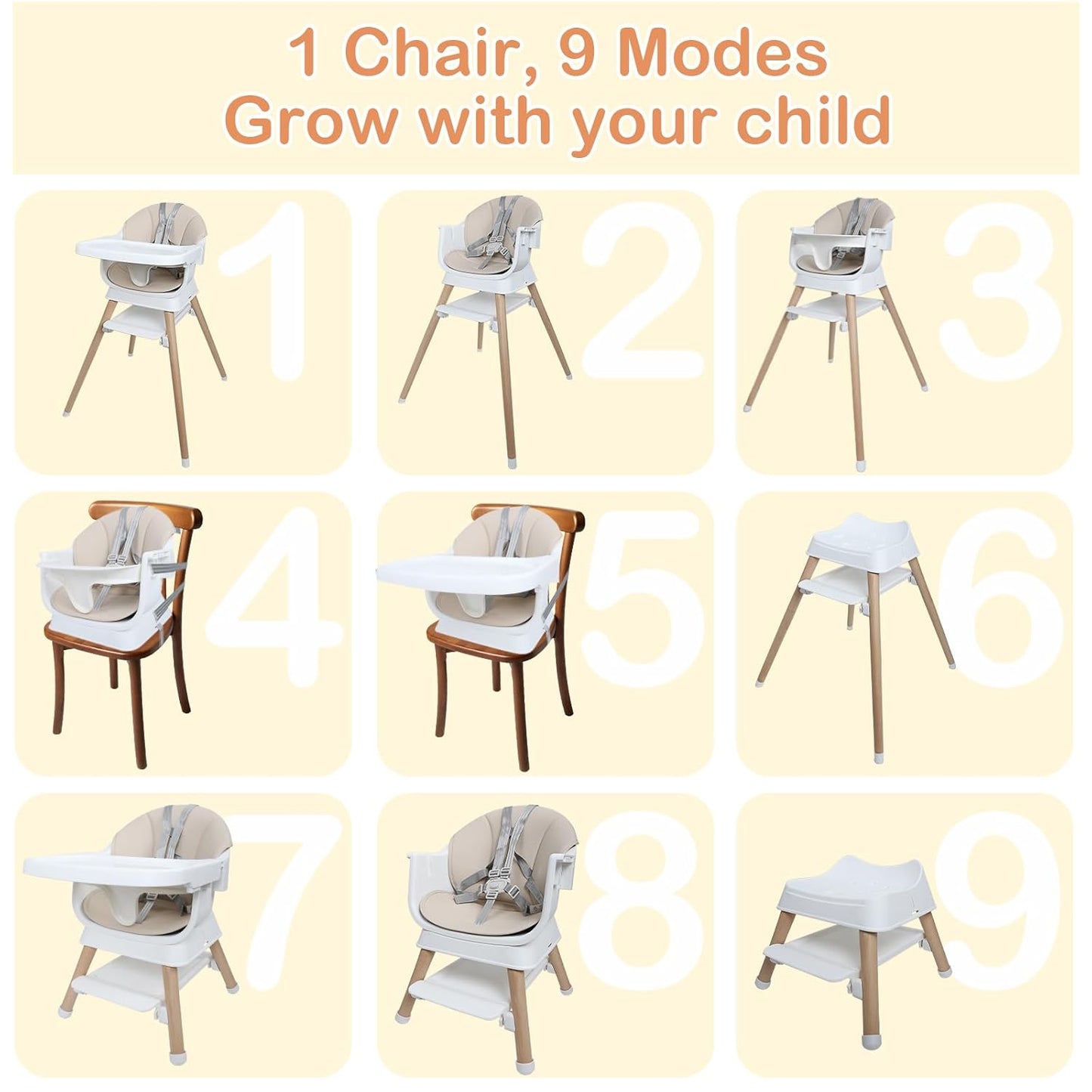 9 in 1 Convertible Baby High Chair with Booster, Wooden Highchair for Babies and Toddlers with Adjustable Tray & 5-Point Harness, Multi-Functional Growing Seat for Feeding, Learning & Play, Beige