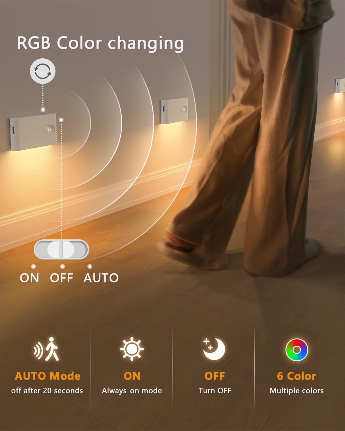 WILLED Stair Lights Indoor RGB & Warm White,Rechargeable Motion Sensor Night Light,Wireless Motion Sensor Lights Indoor for Stair,Bathroom,Hallway,Kitchen,Closet,Cabinet,Bedroom,Kids' Room