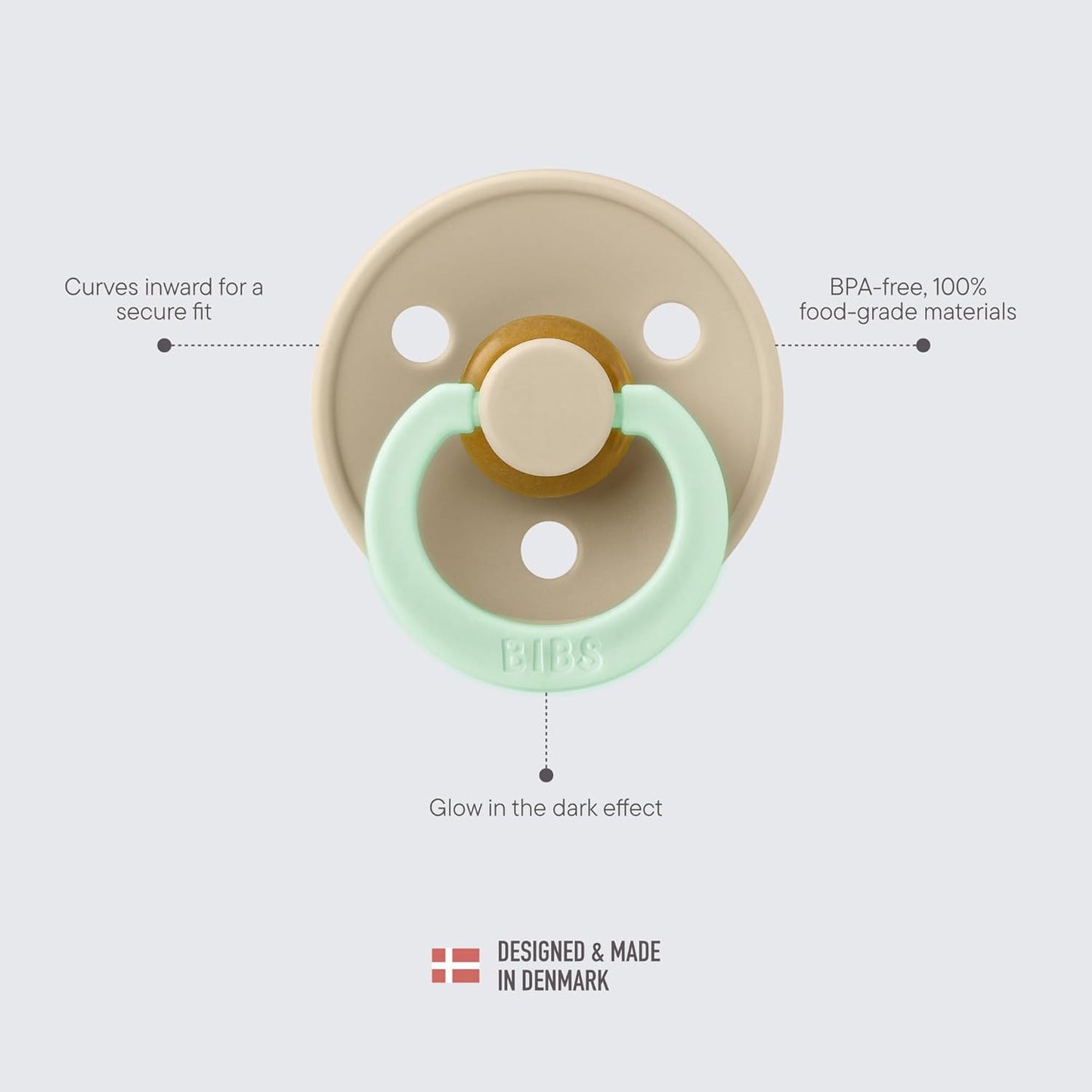 BIBS Colour Night Glow in The Dark Soother 2-Pack, BPA Free Dummy Pacifier, Round Nipple. Natural Rubber Latex, Made in Denmark, Size 2 (6-18 Months), Petrol Glow/Deep Space Glow