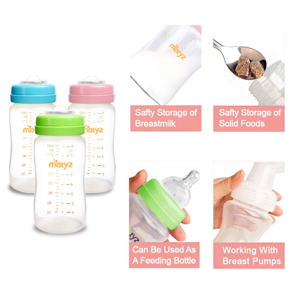 Matyz 4-PACK Breastmilk Storage Bottles With Lids (Green, 8oz Each) - Wide Mouth Breastmilk Collection Storage Bottle - Leakproof Breast Pump Bottle for Spectra Medela Philips Breast Pumps